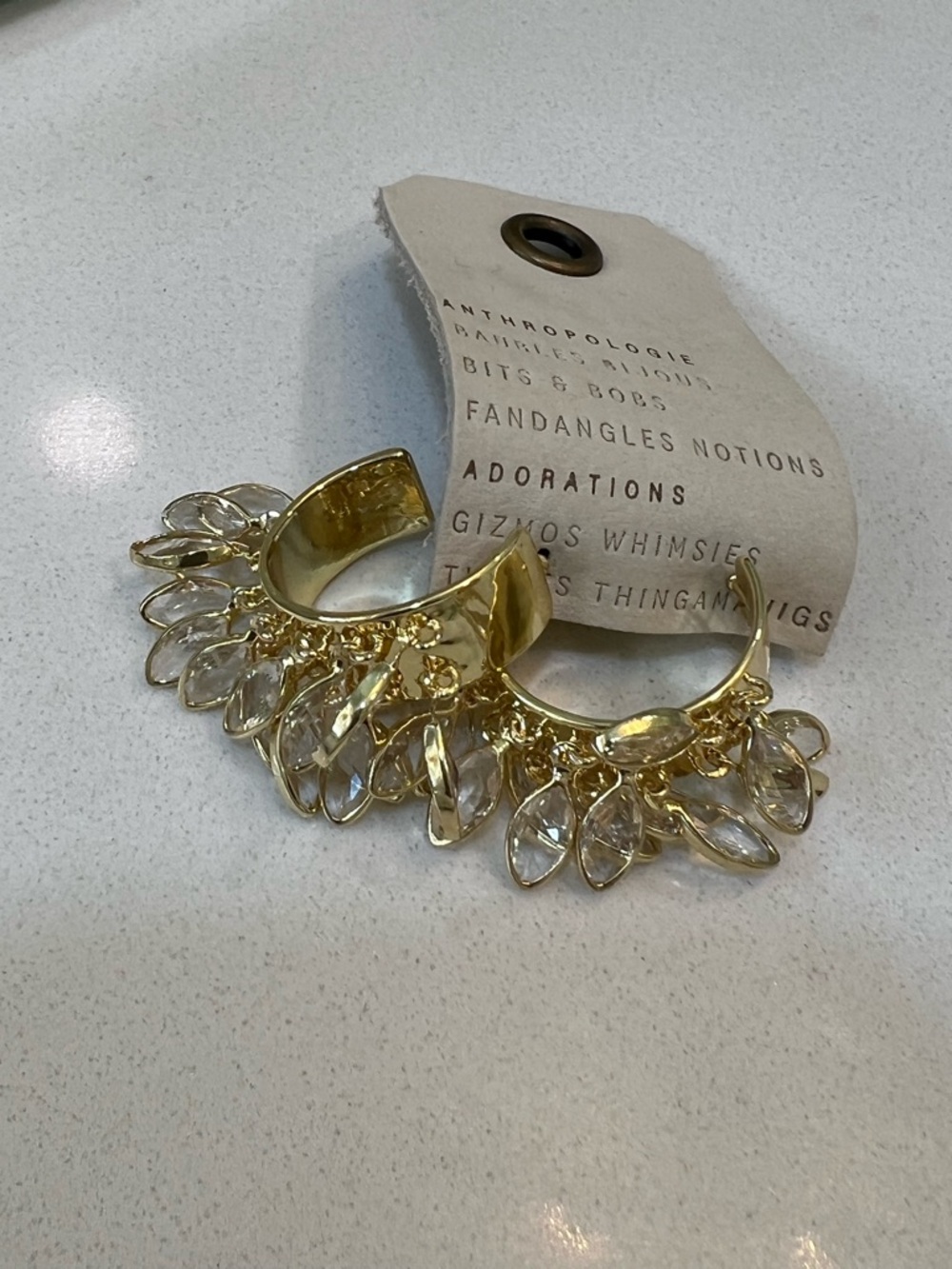 Anthropologie Gold Hoop Earrings with Clear Crystal Marquise Drops